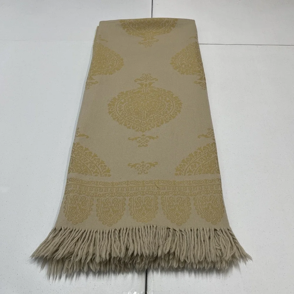 Anichini 100% Merino Wool Blank Throw Golden Yellow Scroll Fringe 67x58